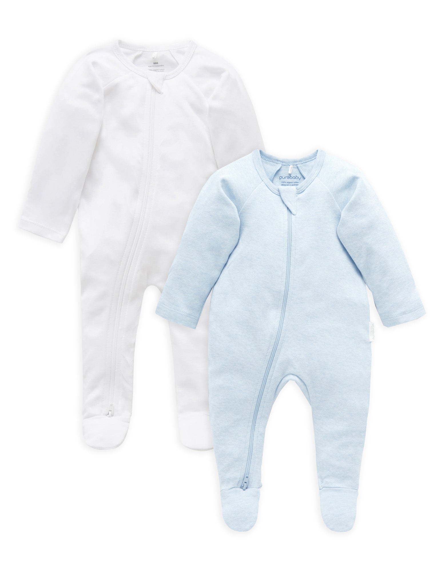 2 Pack Zip Growsuit - White/Soft blue Melange