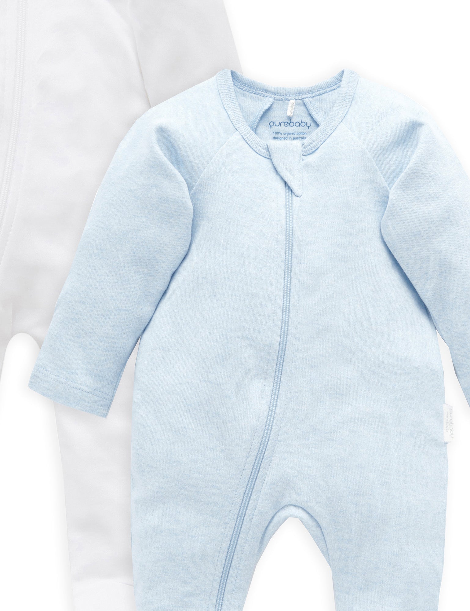 2 Pack Zip Growsuit - White/Soft blue Melange