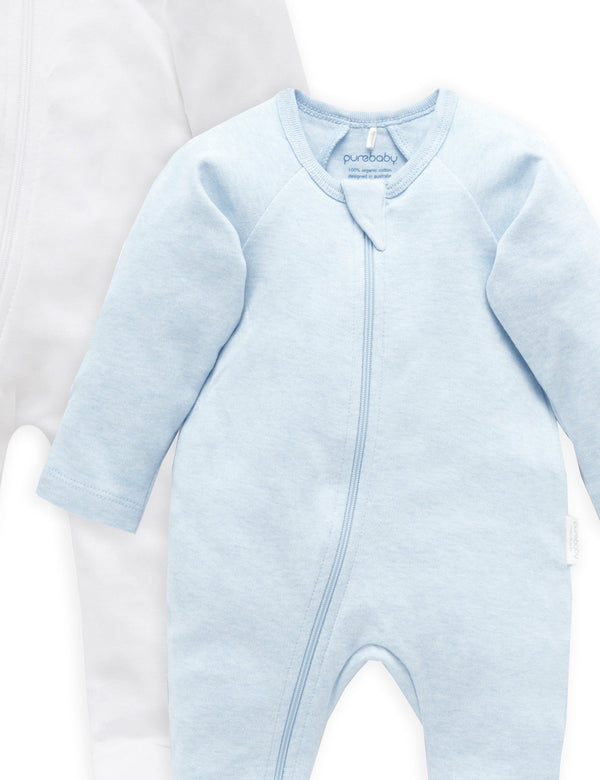2 Pack Zip Growsuit - White/Soft blue Melange