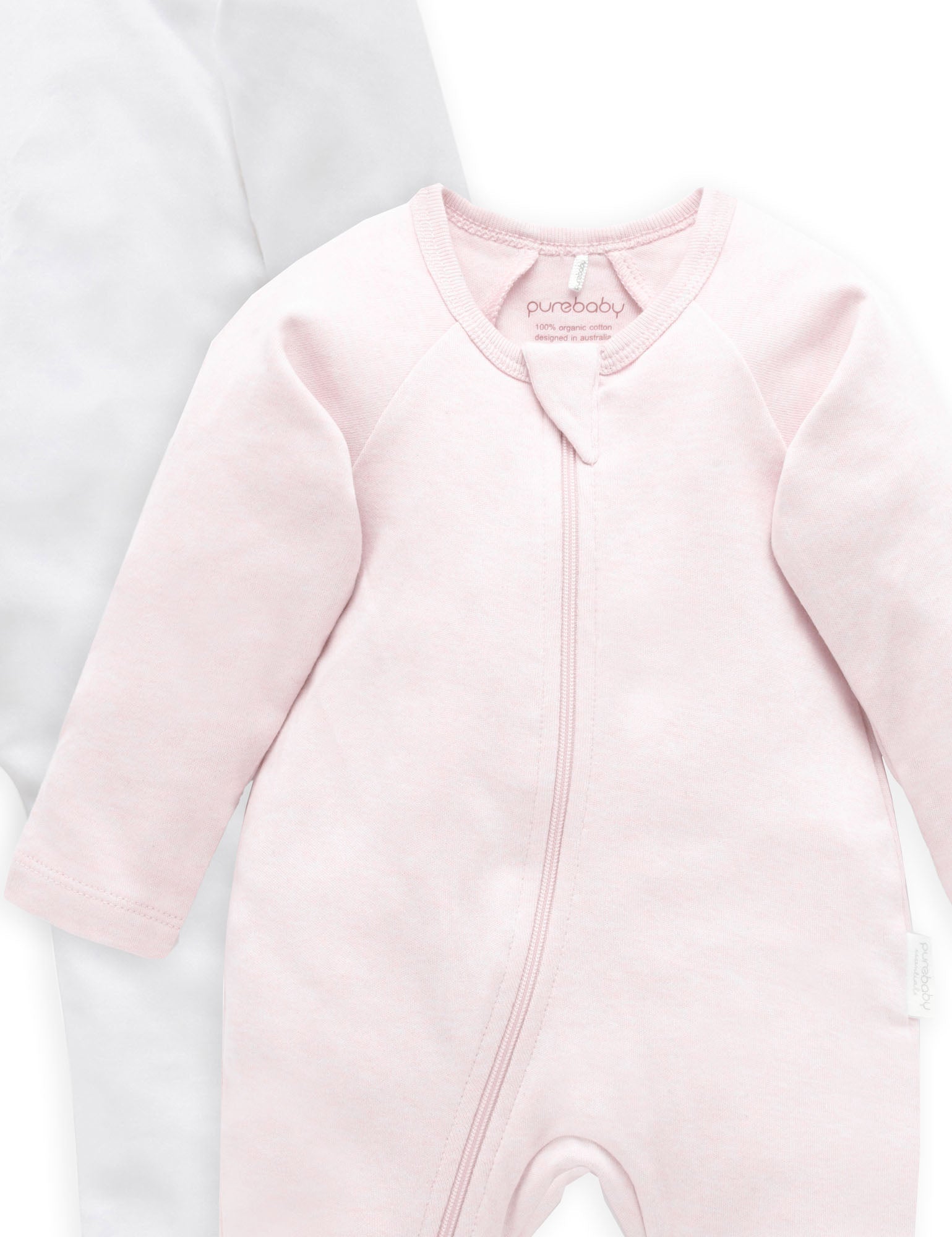 2 Pack Zip Growsuit - White/Soft Pink Melange