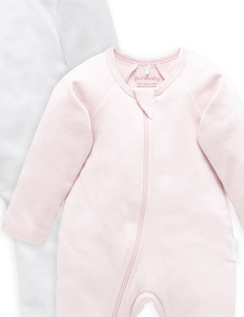 2 Pack Zip Growsuit - White/Soft Pink Melange