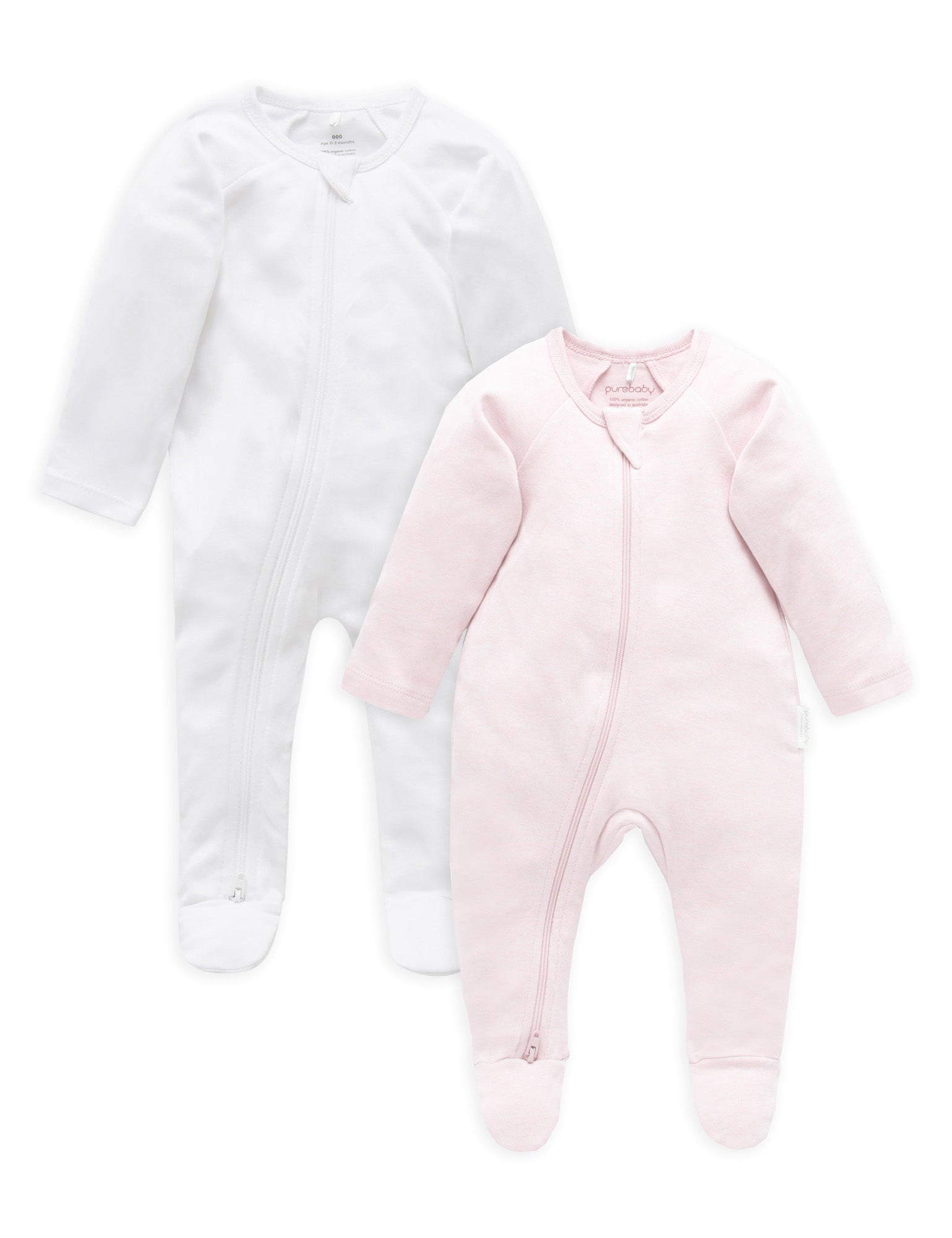 2 Pack Zip Growsuit - White/Soft Pink Melange