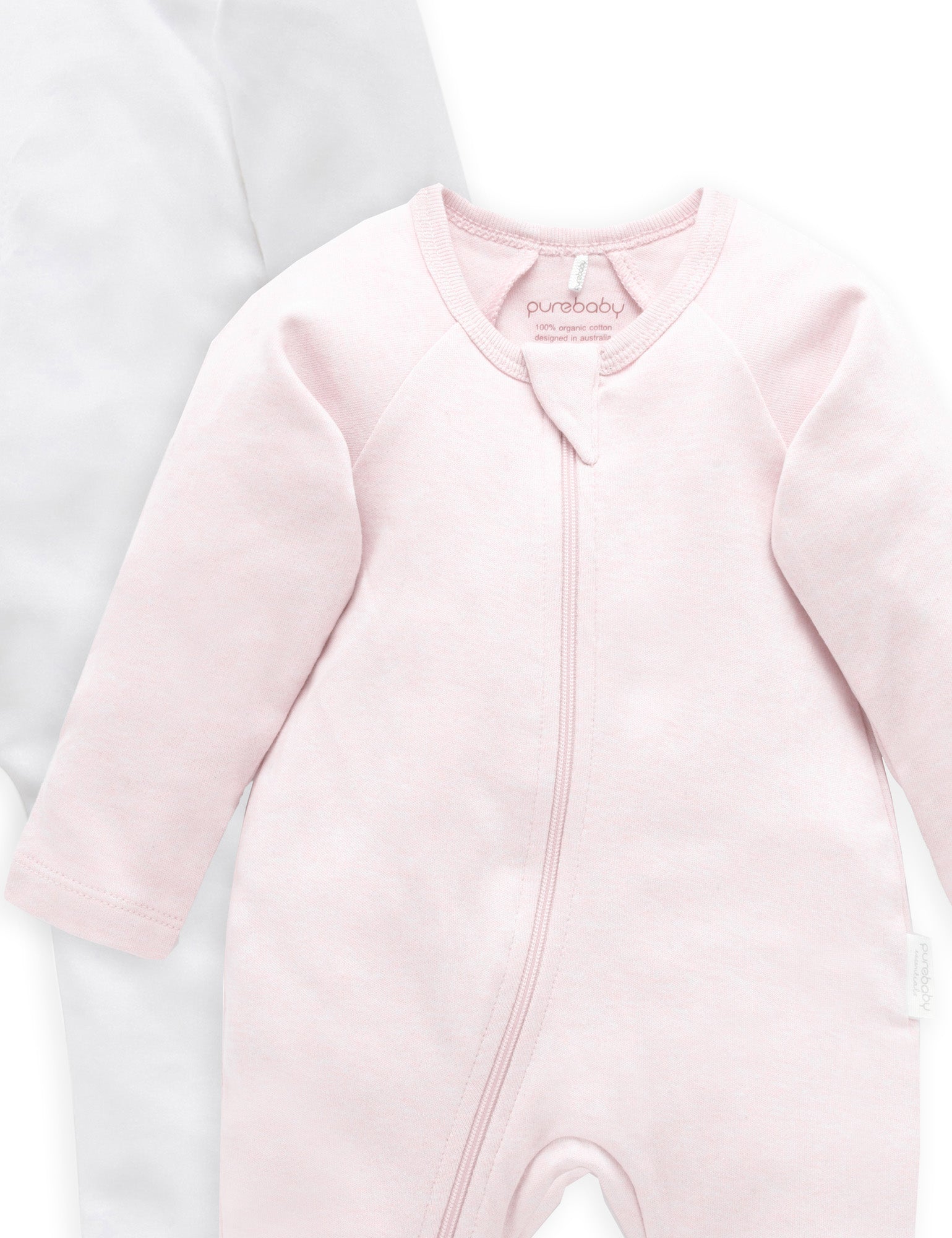 2 Pack Zip Growsuit - White/Soft Pink Melange