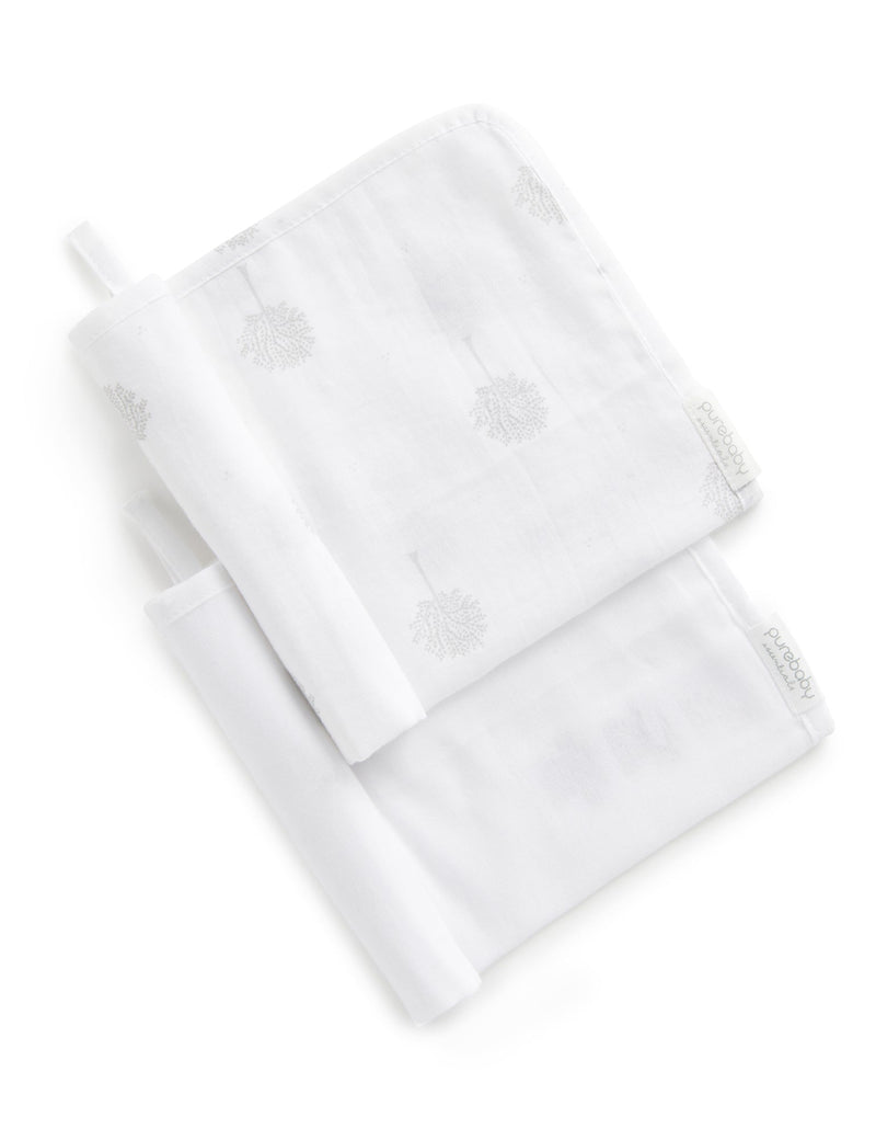 Muslin Facewasher 2 Pack - White/Pale Grey Tree