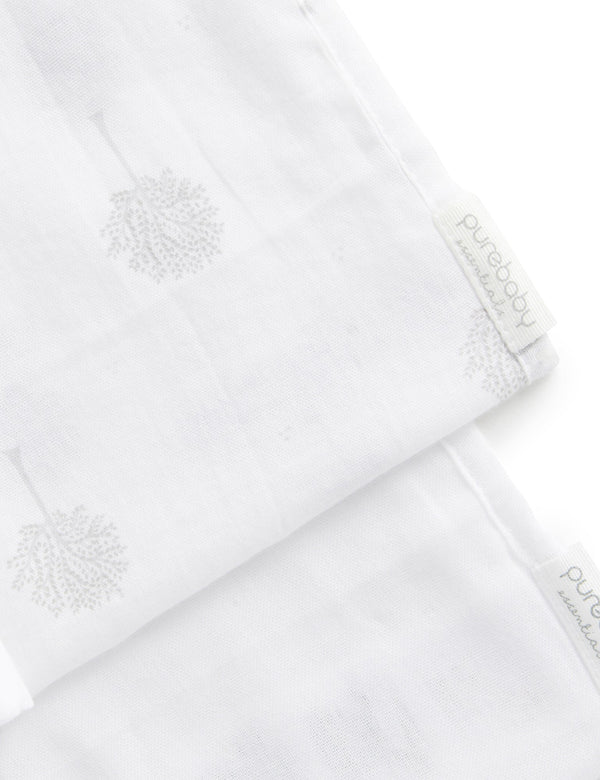 Muslin Facewasher 2 Pack - White/Pale Grey Tree
