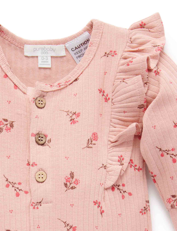 Ruffle Rib Longjohn - Berry Leaves Print
